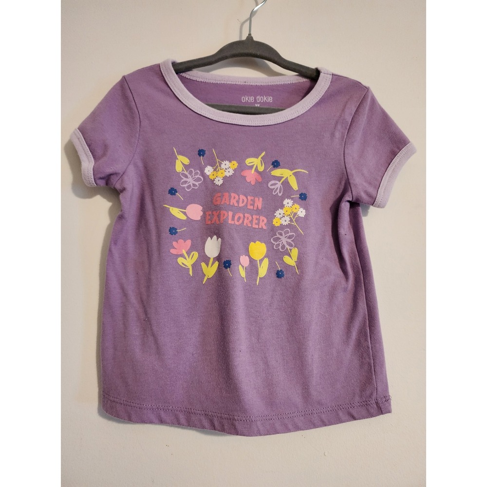 Okie Dokie Toddler Girls Garden Explorer Ringer T-Shirt Purple 2T Short Sleeve